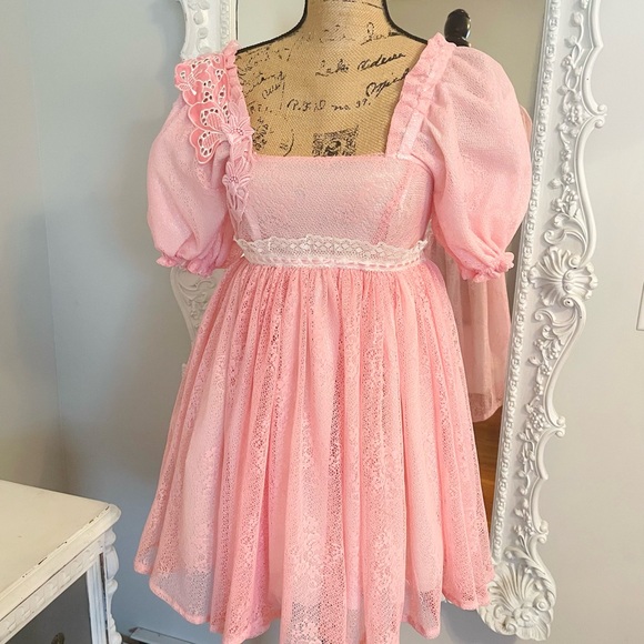 SALE New York Couture Vintage Pink Lace Cottagecore Puff Sleeve Dress - Picture 3 of 6